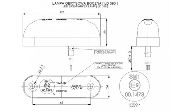 LED markeringslicht amber met beugel | 12-24v | 50cm. kabel | MV-4000A-LD 390-MV-4000A-2
