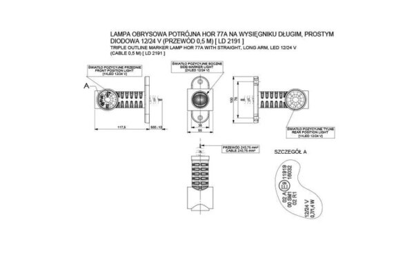 LED breedtelamp rood-wit-amber | 12-24v | 50cm. kabel | MB-4830RWA-LD 2191-MB-4830RWA-2