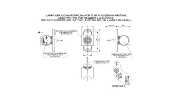 LED breedtelamp rood-wit-amber | 12-24v | 50cm. kabel | MB-4700RWA-LD 2040-MB-4700RWA-2