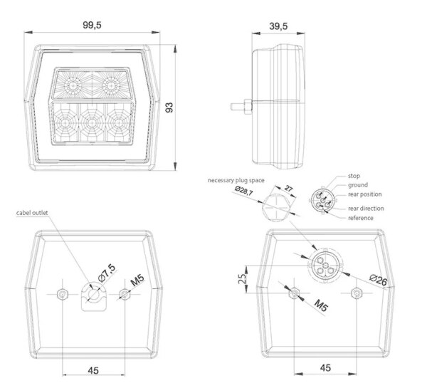 LED compact achterlicht zonder kentekenlicht | 12-36v | 100cm. kabel | V10C3-700-FT-120 LED-V10C3-700-3