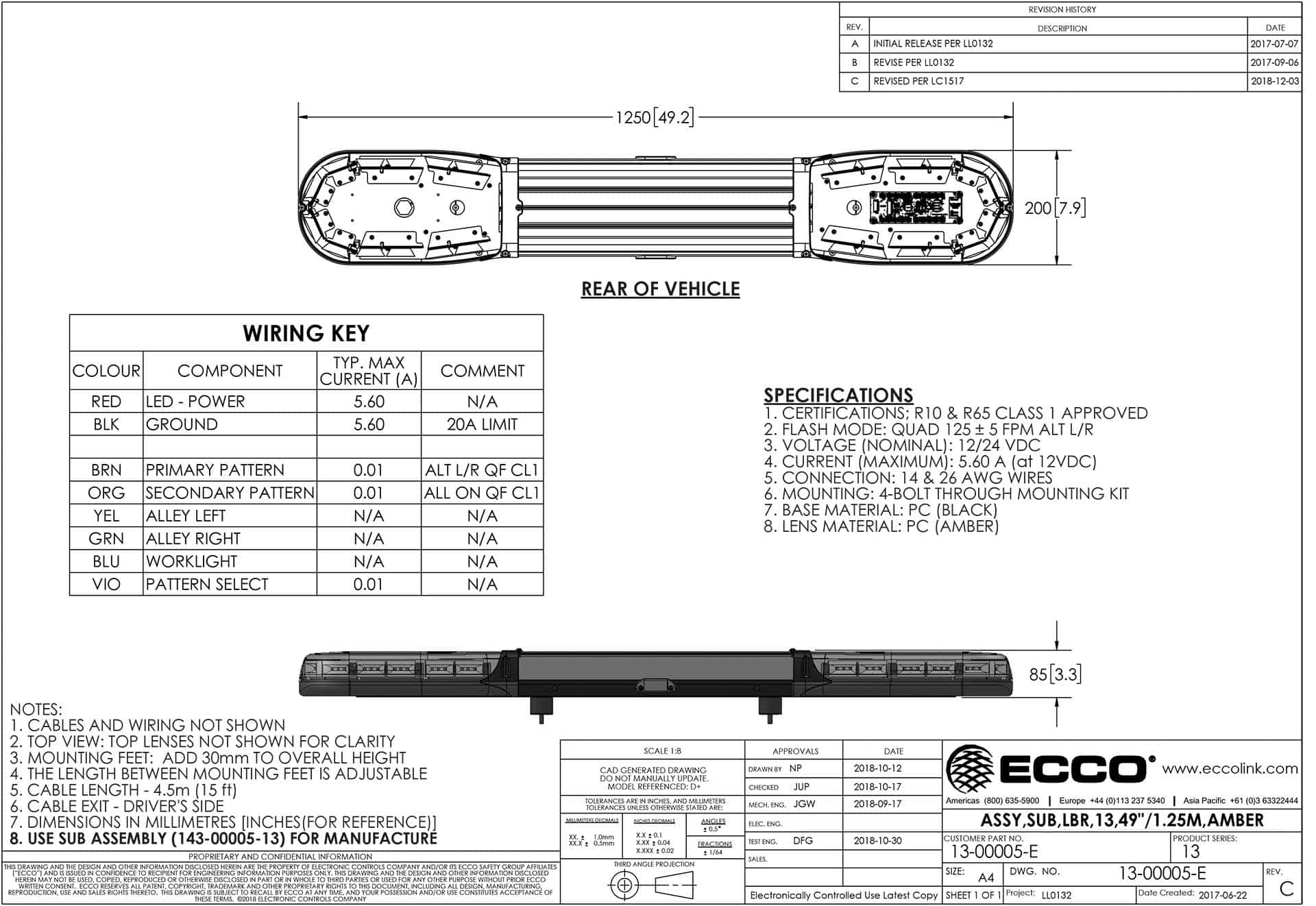 13-00005-E_SLDDRW_EReview LED flitsbalk amber | 13 serie | ECE-R65 amber | 1250mm | 24 LED's | 13-00005-E - Afbeelding 3