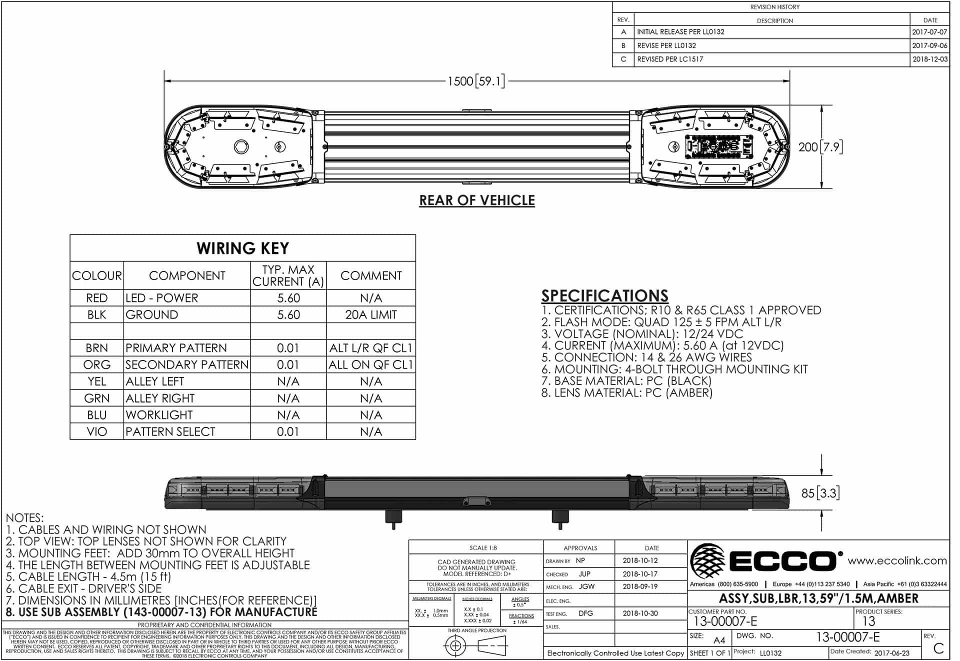 13-00007-E_SLDDRW_EReview LED flitsbalk amber | 13 serie | ECE-R65 amber | 1500mm | 24 LED's | 13-00007-E - Afbeelding 3