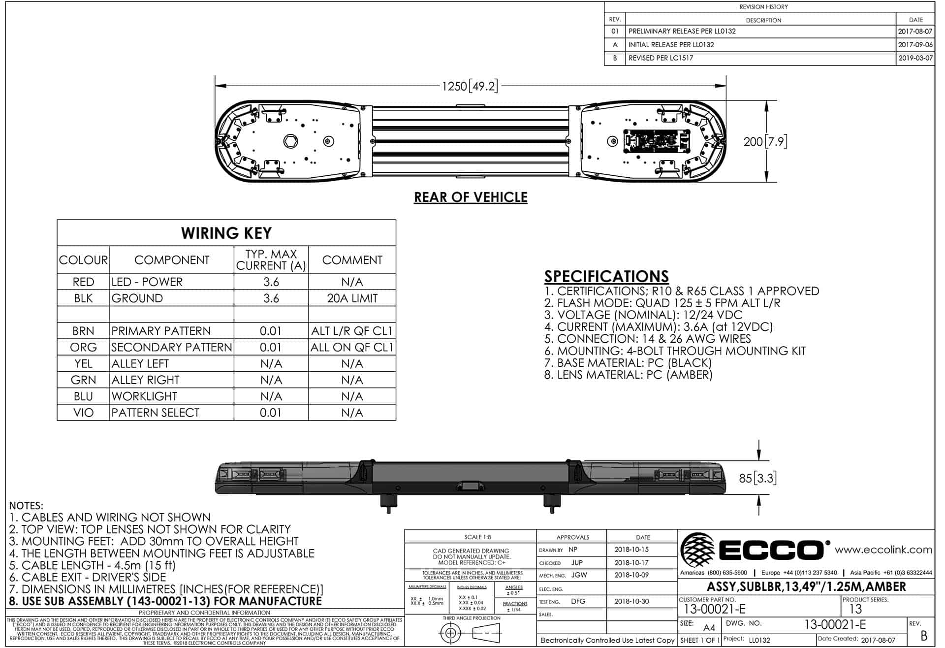 13-00021-E_SLDDRW_EReview LED flitsbalk amber | 13 serie | ECE-R65 amber | 1250mm | 12 LED's | 13-00021-E - Afbeelding 3