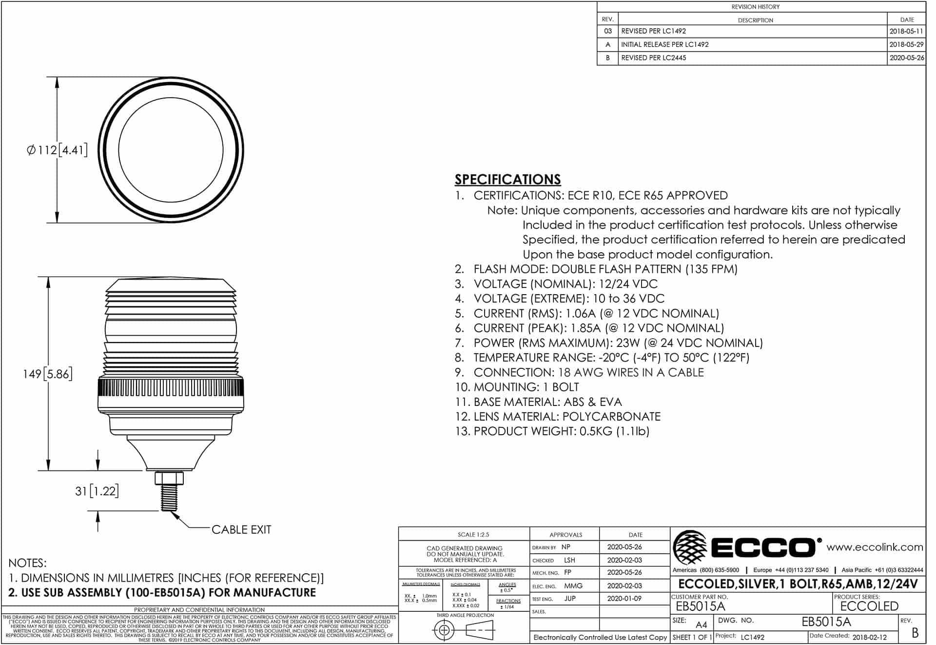 EB5015A_SLDDRW_EReview LED R65 Zwaailamp amber | 12-24v | 1-bouts flexi ECCOLED | EB5015A - Afbeelding 2