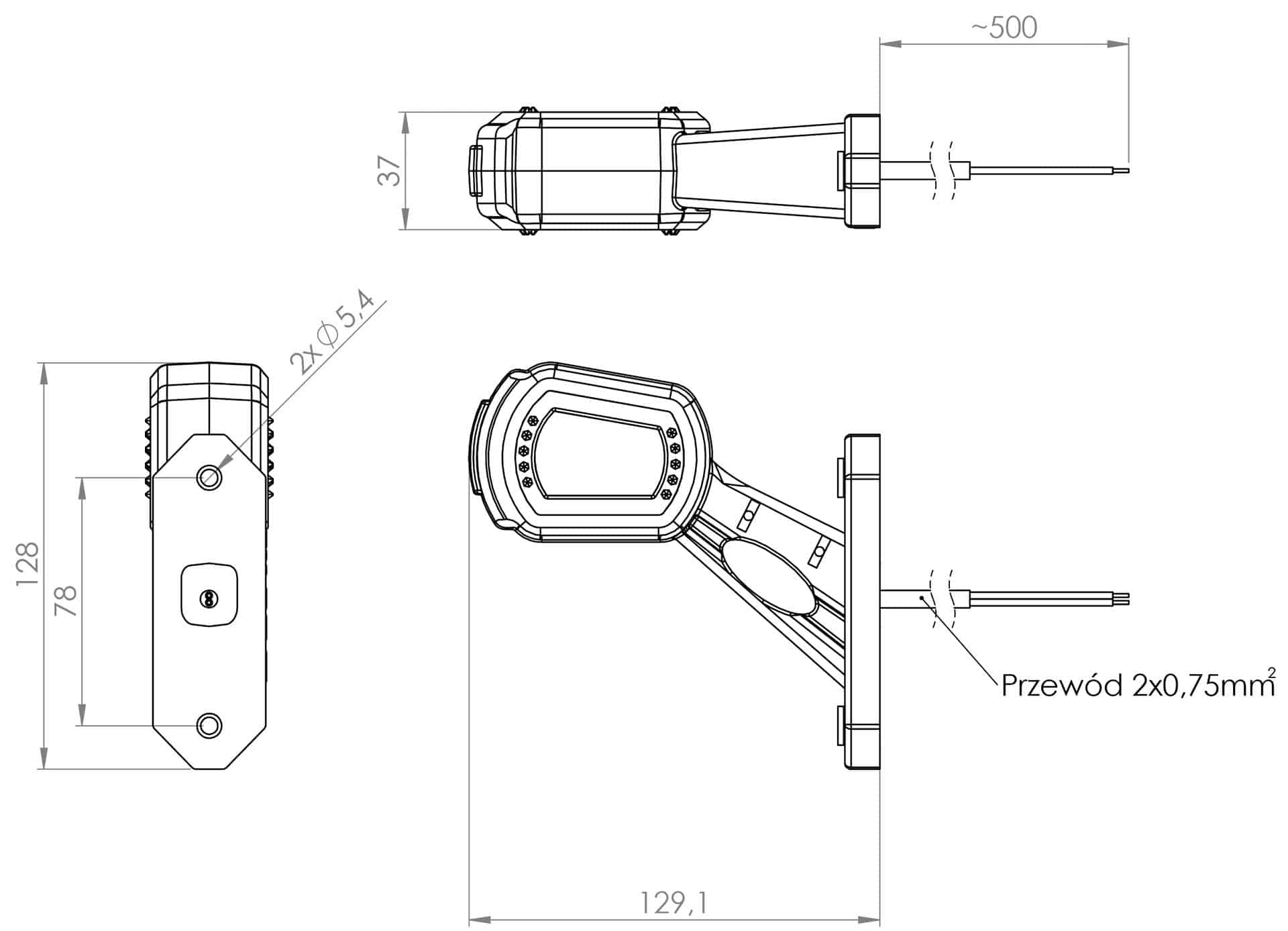 LDCC 2696_00_Lampa obrysowa boczna na wysięgniku_rysunek techni LED breedtelamp links rood-wit-amber 12-24v 50cm kabel | MB-2731RWA - Afbeelding 3