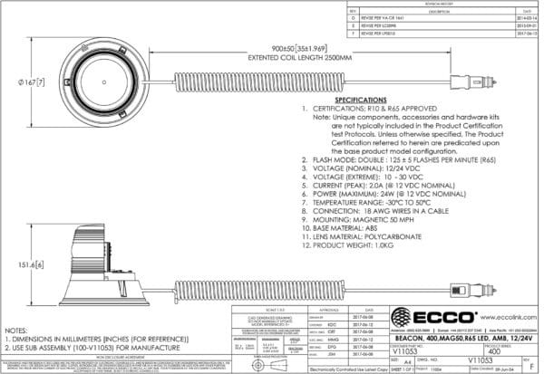 LED zwaailamp amber | 12-24v | magneetvoet | 400-serie | R65 | V11053 - Afbeelding 2