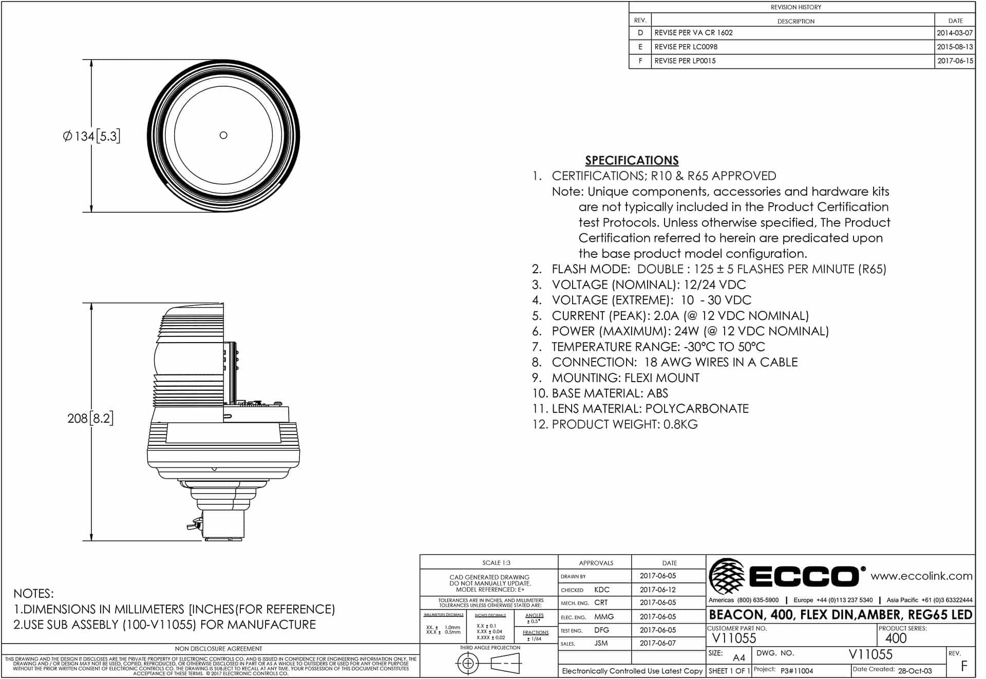 V11055_SLDDRW_EReview LED Zwaailamp amber | 12-24v | Mini DIN-flexi 400-serie | R65 | V11055 - Afbeelding 2