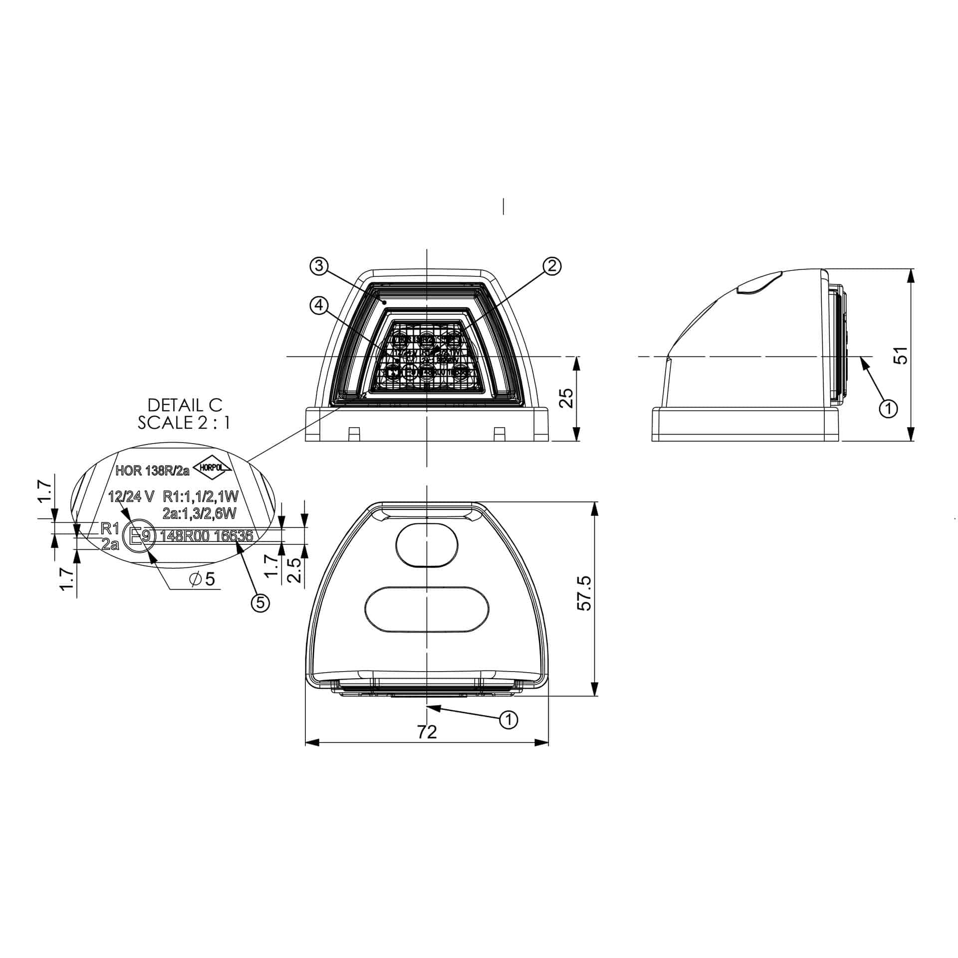 MV-7200 technische tekening LED toplamp neon rood 12-24v, 50cm kabel - Afbeelding 4