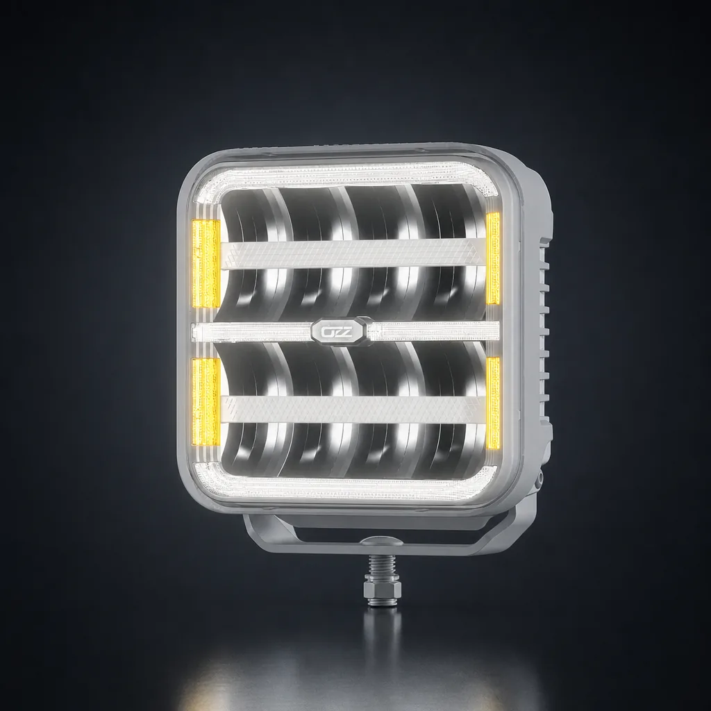 OZZ SQUARE 7" witte LED verstraler met amber dagrijverlichting, studiofoto