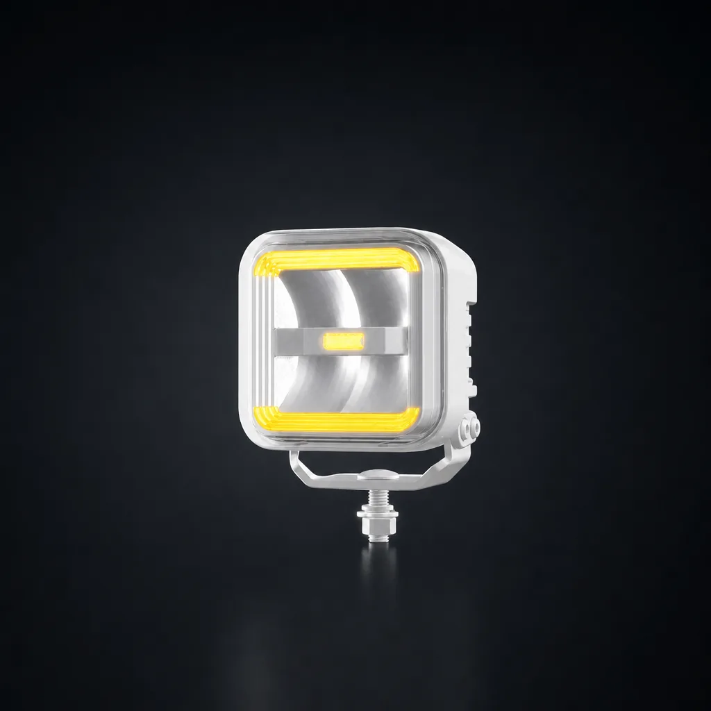 Witte OZZ SQR 3" LED driving light met transparante lens, studiofoto